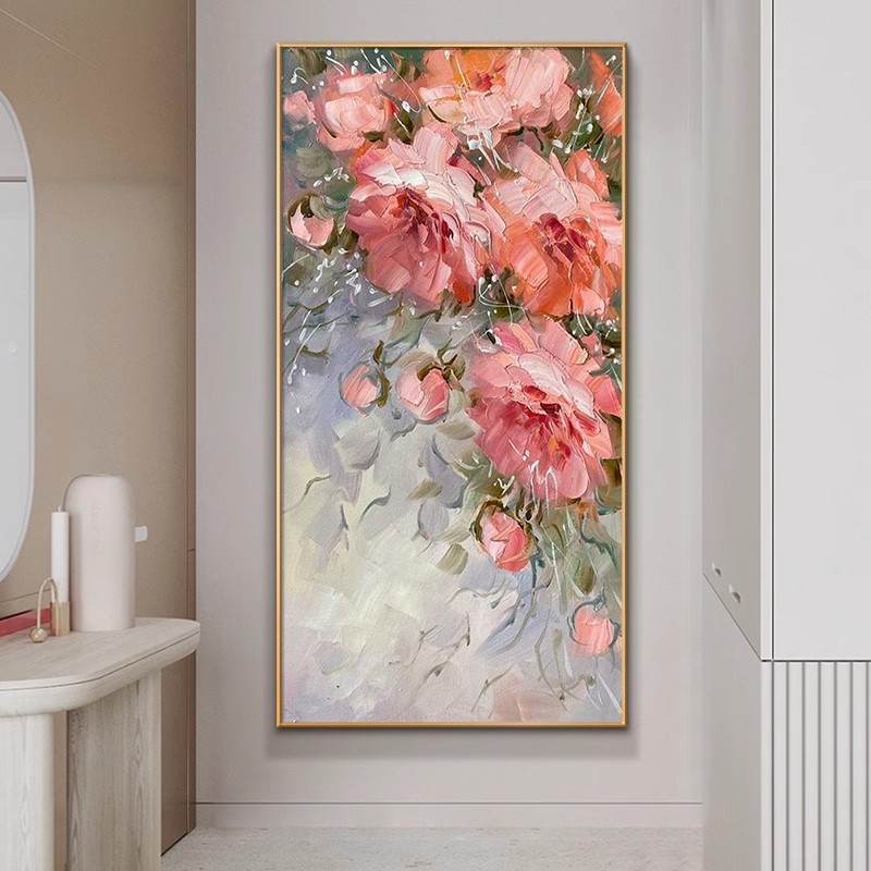 手绘油画牡丹玄关画轻奢北欧风抽象花卉艺术画中式客厅肌理装饰画图片