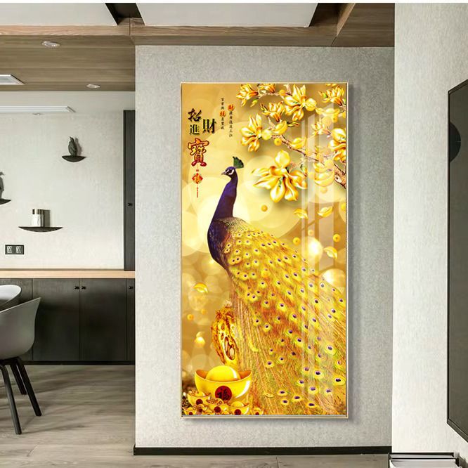 孔雀画欧式玄关装饰画轻奢现代晶钻走廊挂画新中式入户竖版过道画图片