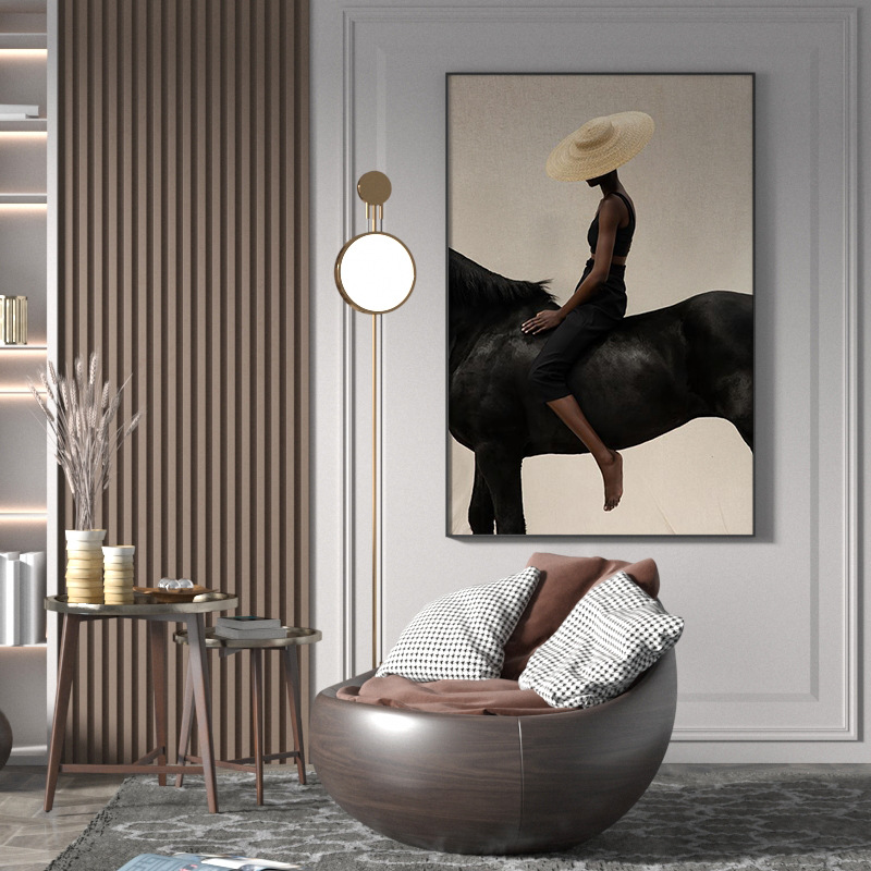 骏马 现代轻奢玄关装饰画动物美女个性时尚落地画客厅背景挂画图片