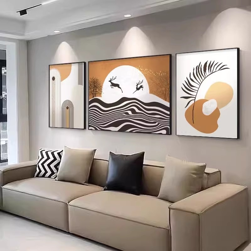 简约现代客厅装饰画抽象橙色线条壁画福鹿三联组合沙发背景墙挂画图片