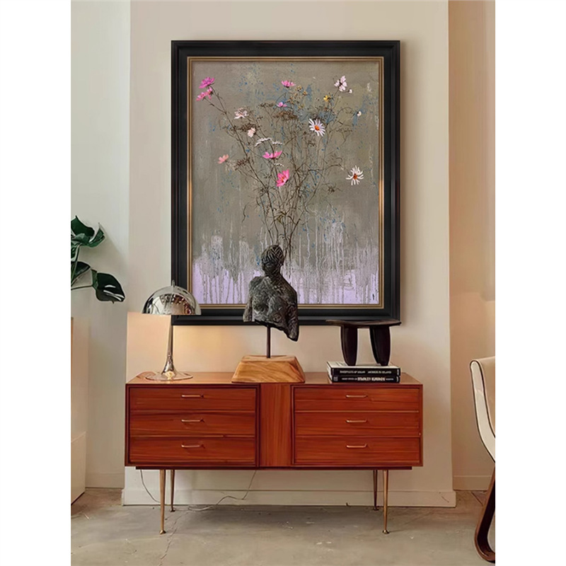 侘寂风客厅红白色植物花卉复古入户门玄关挂画装饰画抽象图片