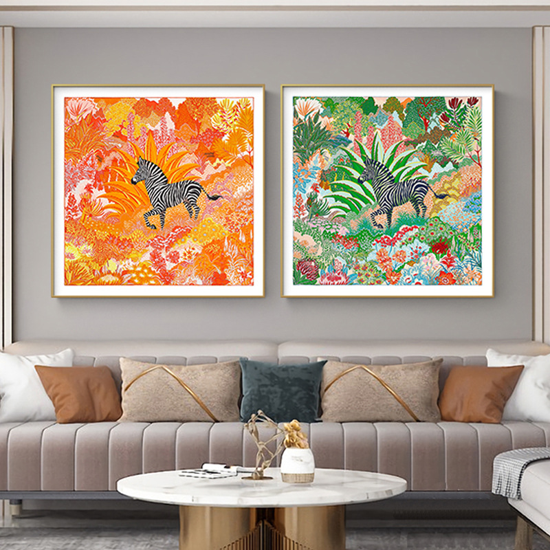 密林里的动物轻奢丝巾图案墙画客厅装饰画沙发背景墙挂画餐厅壁画图片