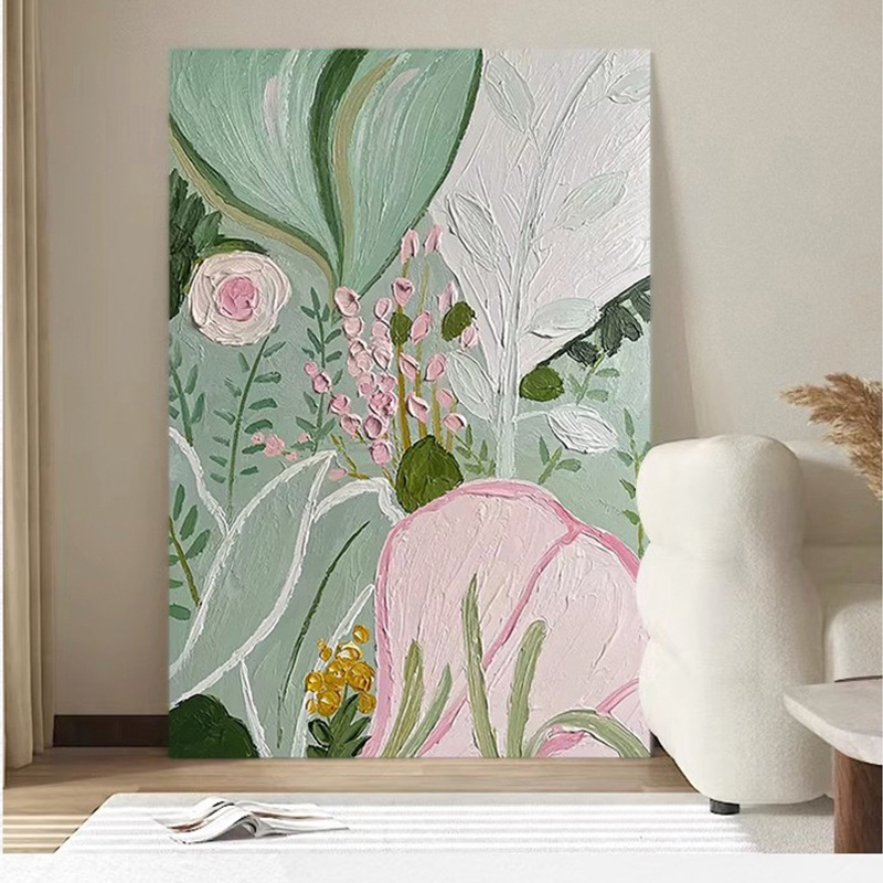 手绘花卉油画客厅沙发背景装饰画玄关过道肌理挂画侘寂风抽象壁画图片