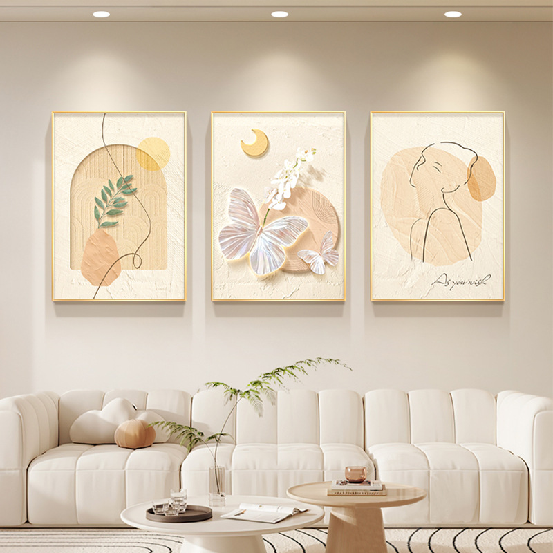 北欧简约卧室床头装饰画肌理感抽象花卉挂画奶油风原木风客厅壁画图片