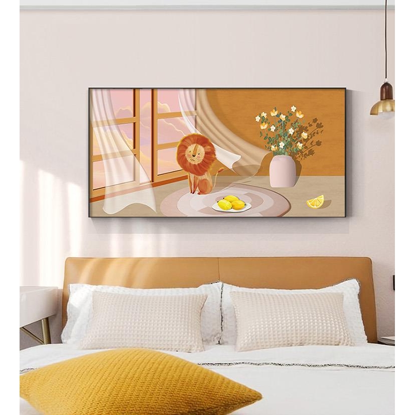 北欧花卉猫咪客厅卧室壁画儿童房挂画治愈系插画大幅横版装饰画图片
