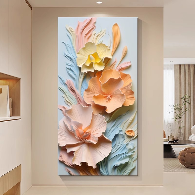 奶油风立体浮雕花卉玄关装饰画抽象艺术走廊过道尽头壁画客厅挂画图片