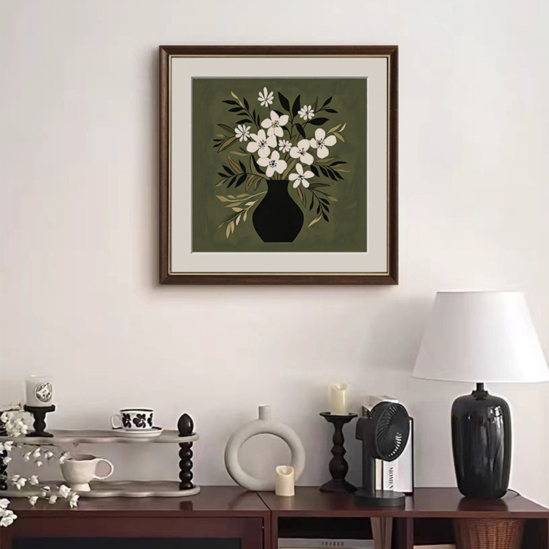 桃枝墨影 法式中古风客厅复古花卉正方形装饰画北欧小众餐厅挂画图片