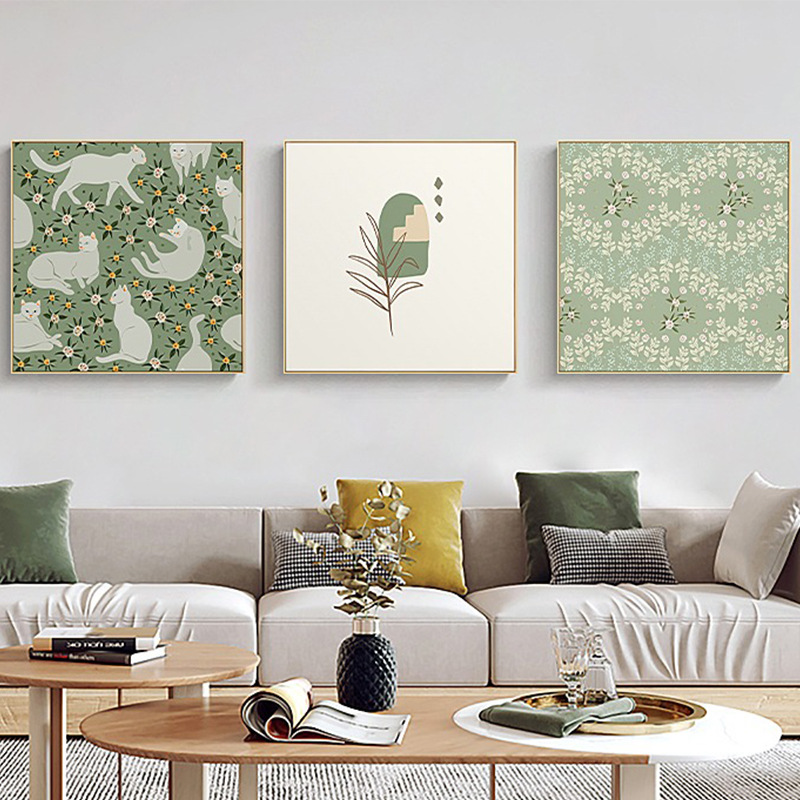 北欧风格客厅装饰画小清新绿植花卉挂画正方形猫咪壁画厂家图片
