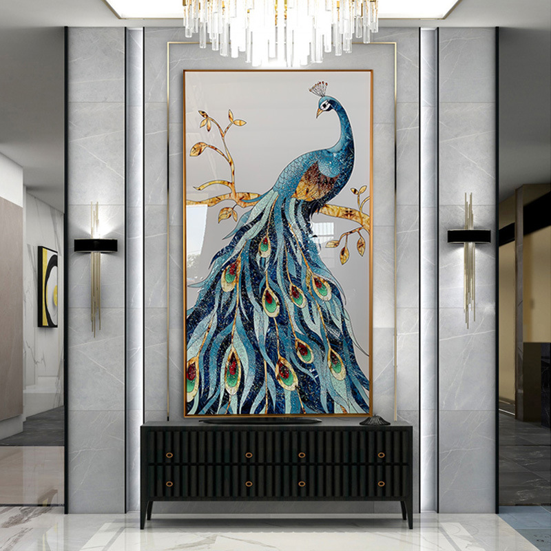 北欧轻奢入户玄关装饰画走廊过道壁画现代简约孔雀图案晶瓷画竖版图片