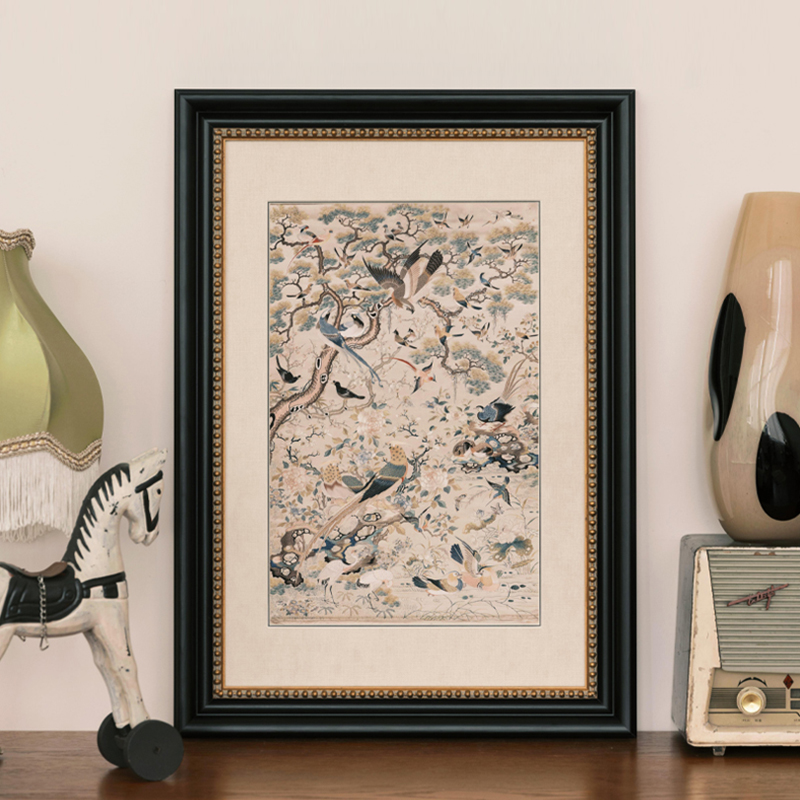 画玩美法式中国风复古客厅装饰画中古壁画新中式花鸟刺绣餐厅挂画图片