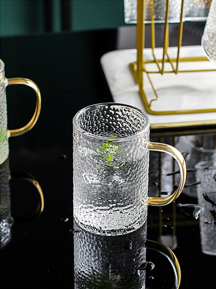 普利邦锤纹玻璃杯子ins风简约茶杯带把大容量办公室水杯套装家用