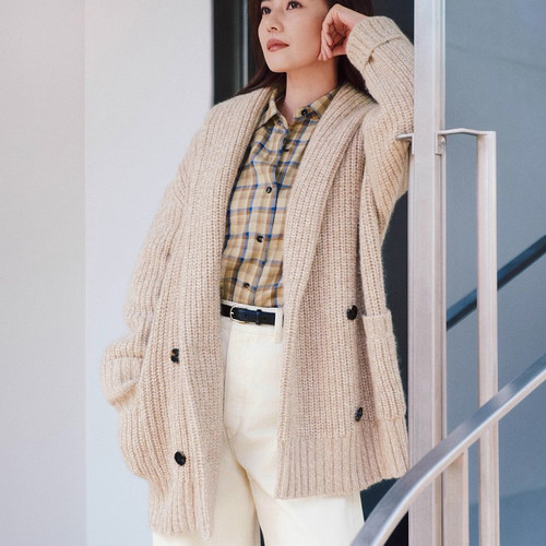 高圆圆同款ED羊毛排口开衫毛衣女