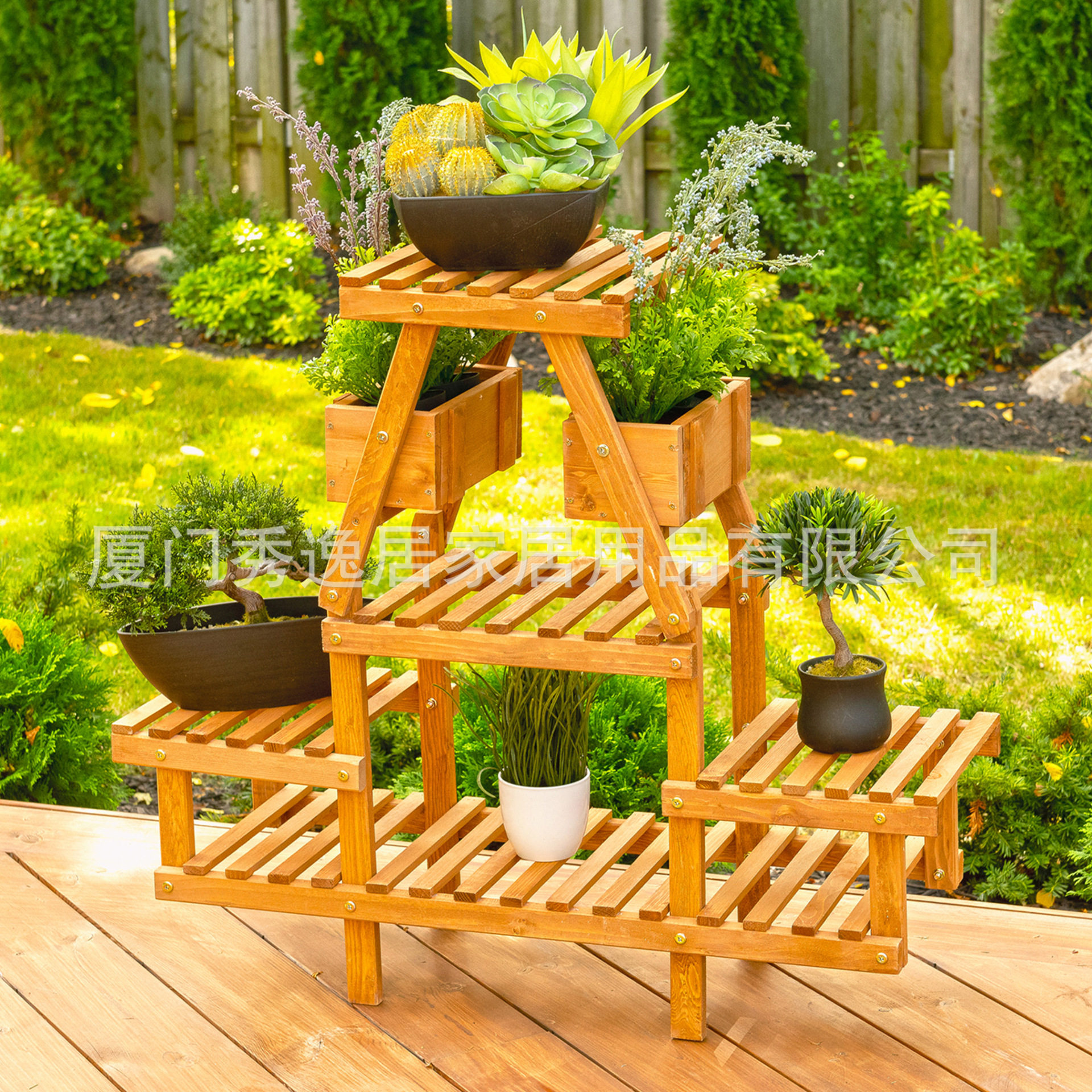 室外实木阳台盆栽置物架家用客厅装饰花架四层带小种植箱植物架