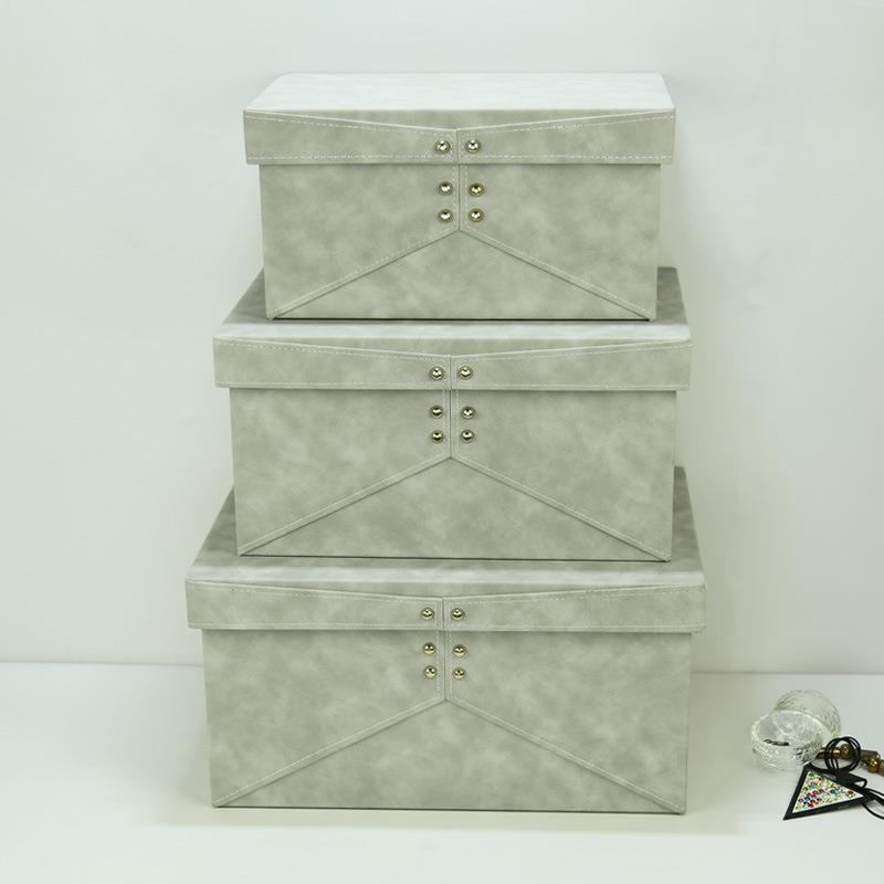 新中式样板房软装家居装饰品收纳盒浅灰色皮质衣帽间卧室装饰盒子
