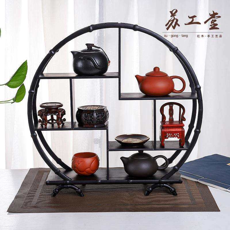 紫光檀竹节博古架实木摆件中式客厅小型工艺品多宝阁茶具架置物架