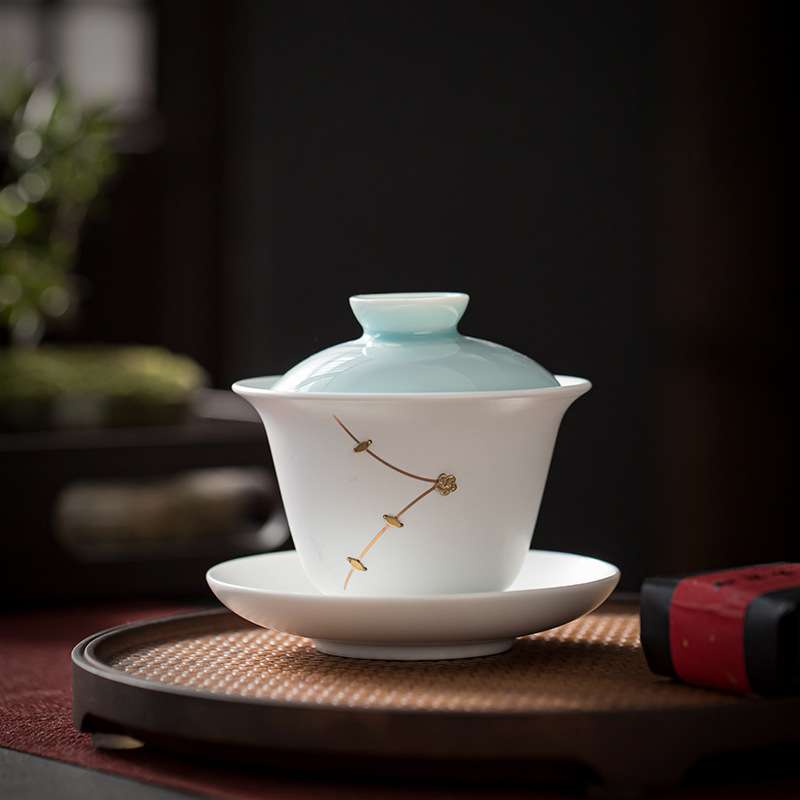 锔钉梅花汝窑陶瓷盖碗茶杯单个 家用三才官定哥钧窑加厚开片可养