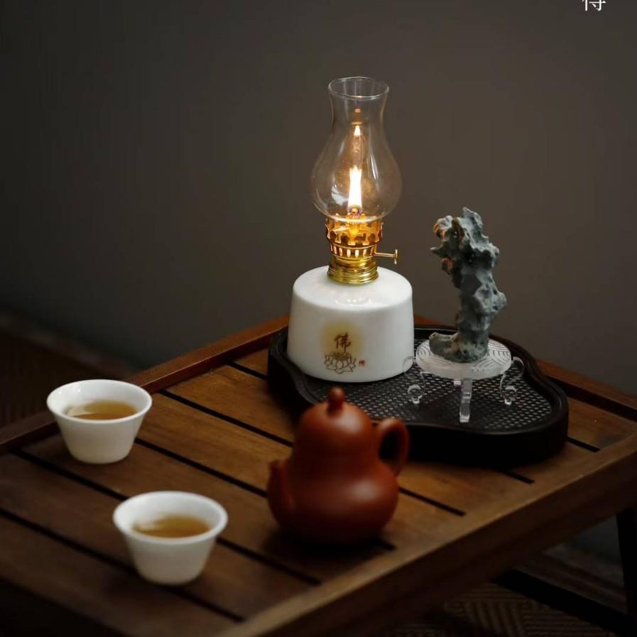 手绘花卉复古煤油灯陶瓷酥油灯灯盏新中式书房卧室小夜灯灯具摆件