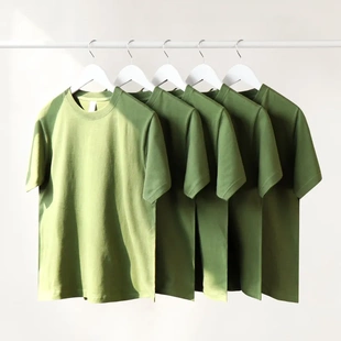 香草绿抹茶绿色210g重磅纯棉圆领短袖 体恤上衣 T恤男女宽松打底衫