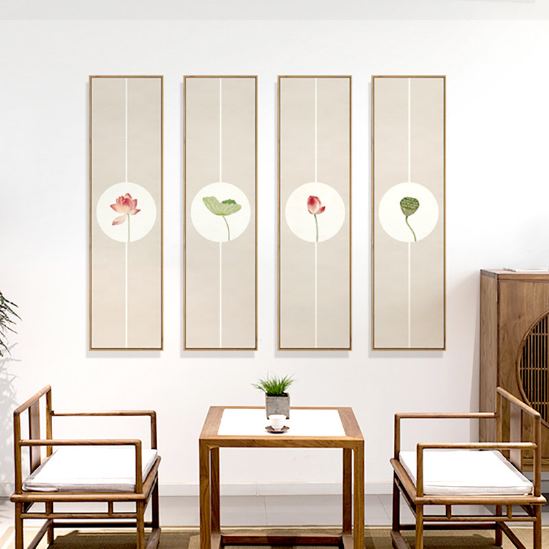 新中式客厅装饰画荷花莲花禅意挂画茶室四条屏花鸟小品墙画书房画