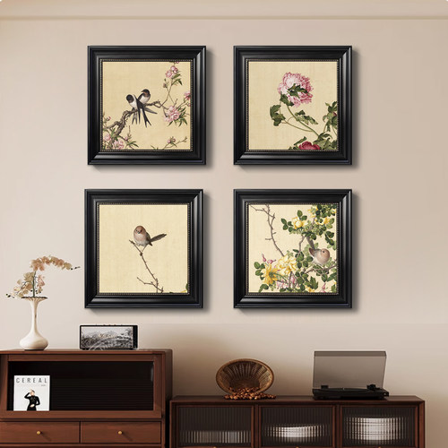 工笔花鸟中式复古装饰画中古法式墙画客厅组合壁画玄关挂画郎世宁