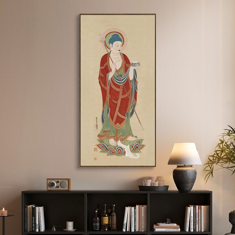 药师佛菩萨中式禅意佛像装饰画客厅卧室挂画胡桃色外框玄关竖版画