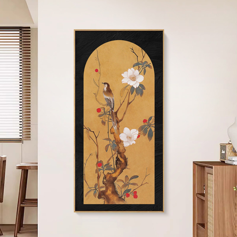 复古法式竹报平安玄关装饰画中古风走廊竹子壁画花鸟果实两联挂画