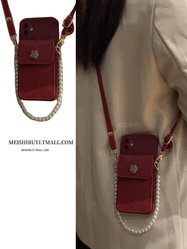 复古酒红玫瑰花零钱包适用vivo y300pro手机壳s19s18s17/16/s15/s12斜挎iqooneo10背带iqooz9turbo+挂绳x200