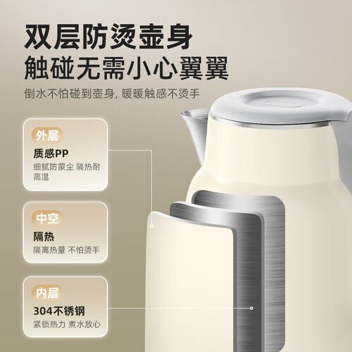 小熊电热水壶1.5L容量电水壶烧水壶304不锈钢内胆双层防烫热水壶