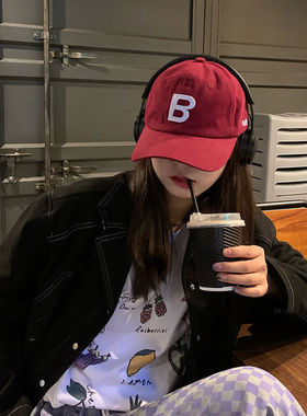 帽子女春夏防晒显脸小B字母鸭舌帽潮~防紫外线显瘦遮阳棒球帽男女