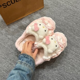 KT猫可爱卡通棉拖鞋女冬季厚底防滑加绒保暖毛毛鞋围裙美乐蒂拖鞋