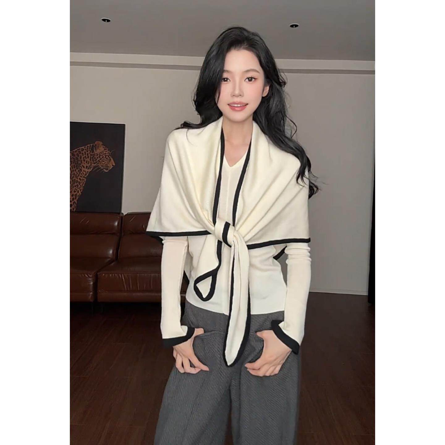 ROUMIKL法式慵懒风披肩长袖T恤女装秋季2025新款外贸原单御姐两件