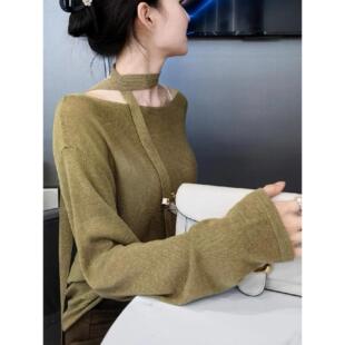 ROUMIKL飘带芥末绿针织衫女装秋季2025新款外贸原单上衣早秋韩系