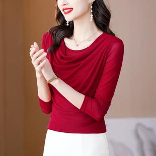 RIERA2025新款春秋冬红色网纱打底衫女士内搭洋气小衫长袖t恤蕾丝
