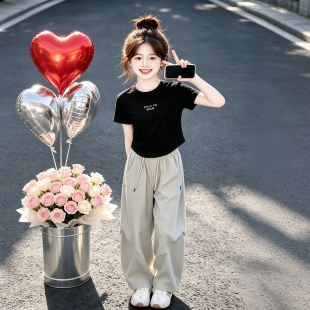 女童装短袖t恤纯棉夏装2026新款儿童设计感百搭修身弧形短款上衣