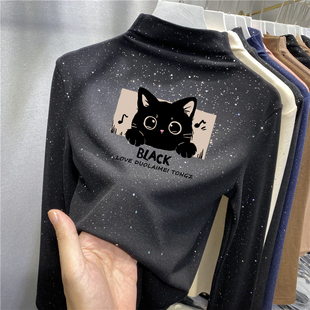 女童亮片德绒打底衫秋冬内搭加厚半高领长袖儿童满天星亮闪闪上衣