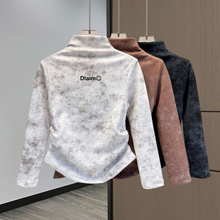 女童德绒打底衫内搭扎染长袖秋冬装儿童加厚加绒磨毛修身短款上衣