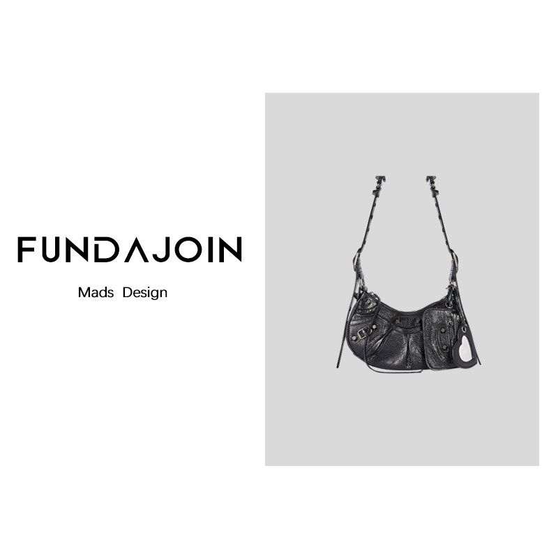 FUNDAJOIN 黑色马鞍包铆钉高街机车风斜挎手提两用包F303