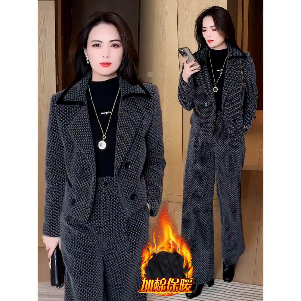 ROUMIKL高级感洋气减龄套装2025冬季新款加加厚保暖外套阔腿裤两