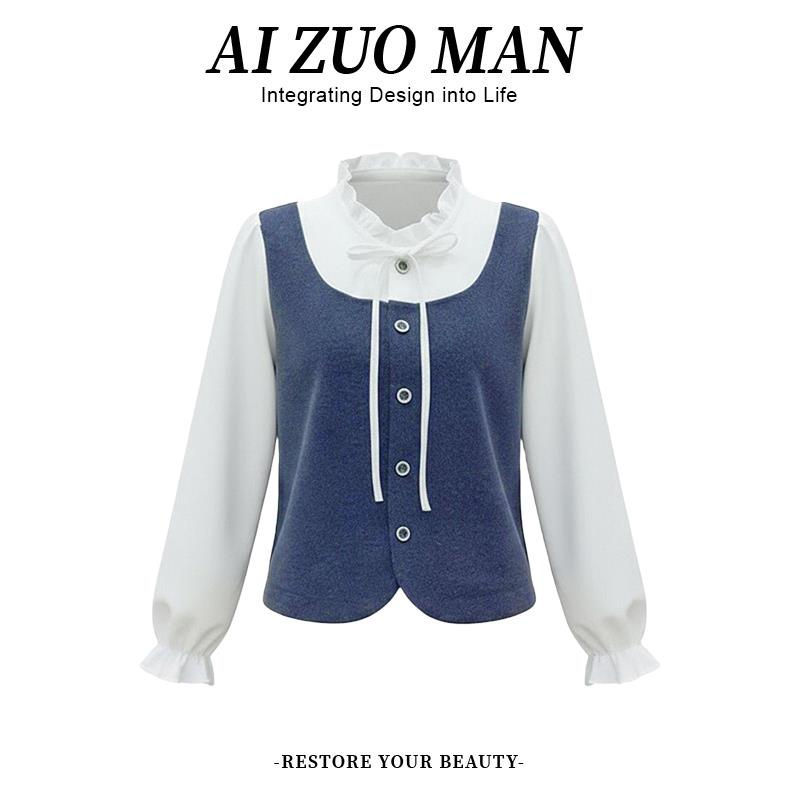 ROUMIKL巨好看的独特超好看撞色拼接长袖衬衫女2025年秋冬新款假