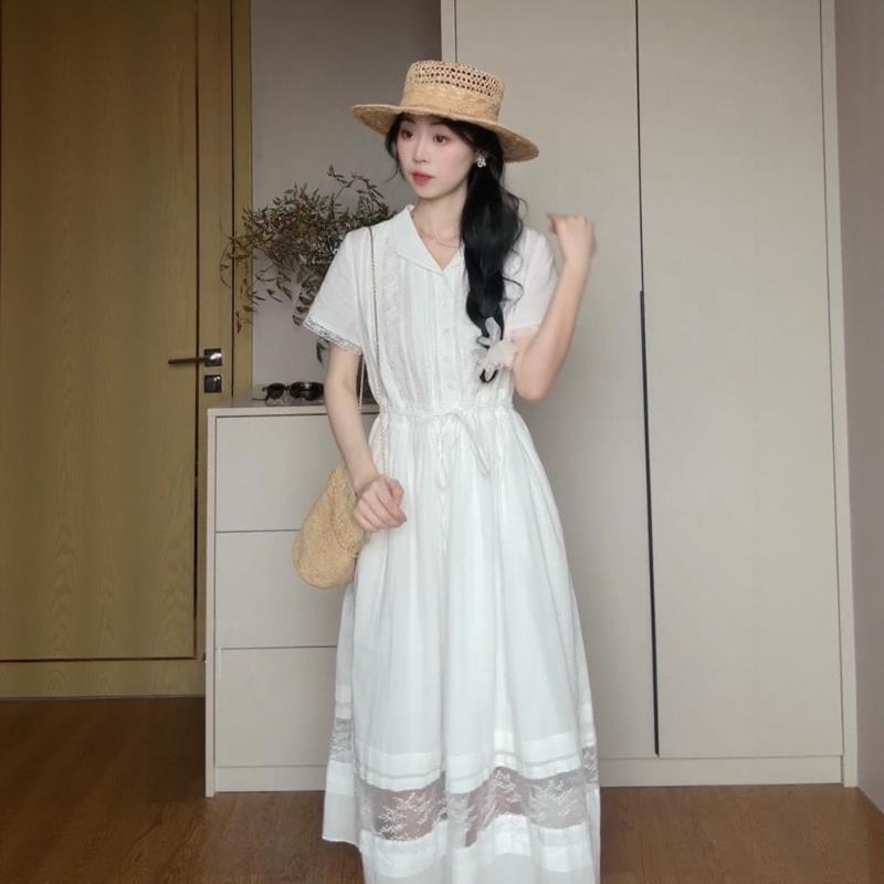 RIERA法式度假风白色蕾丝边镂空短袖连衣裙女夏季新款气质