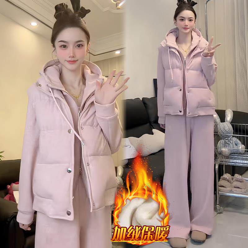 ROUMIKL加绒加厚马甲卫衣阔腿裤三件套女装2025高级感减龄休闲运