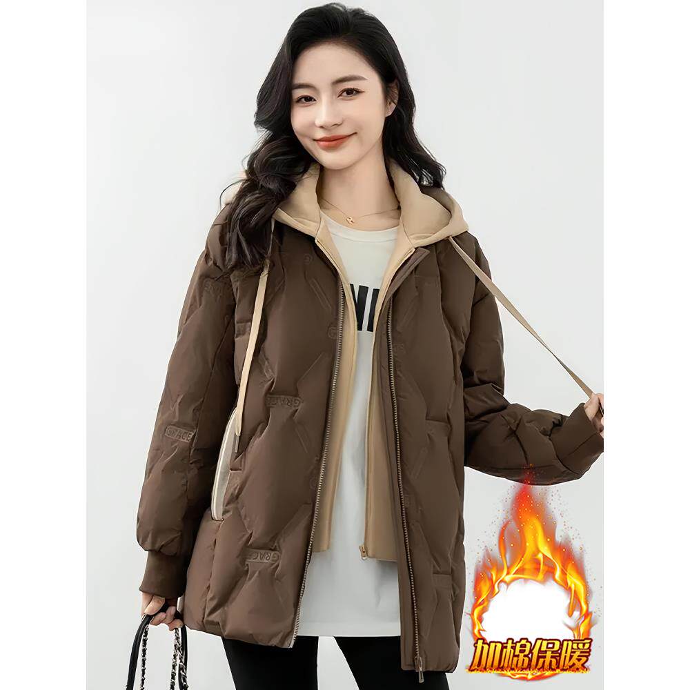 ROUMIKL2025新款服女士中长款冬季加绒可拆卸卫衣领加厚保暖短外