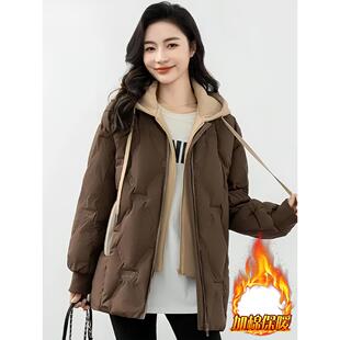 ROUMIKL2025新款服女士中长款冬季加绒可拆卸卫衣领加厚保暖短外