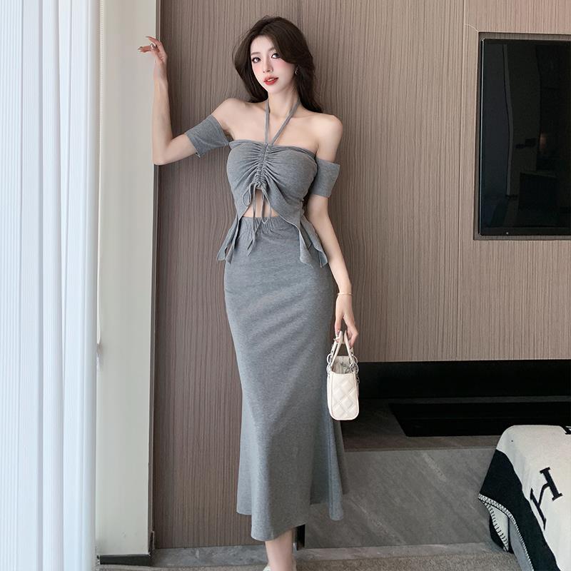 RIERA高级感纯欲辣妹两件套装裙夏季新款挂脖抹胸上衣包臀鱼尾半