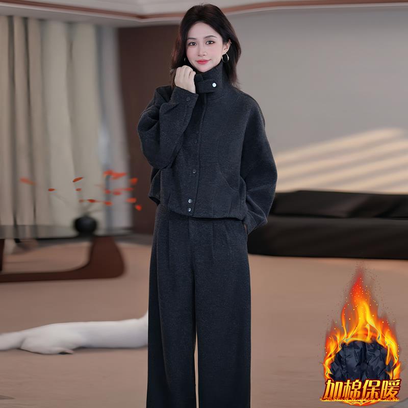ROUMIKL巨好看的冬装一整套女2025新款翻领厚款夹外套阔腿裤两件