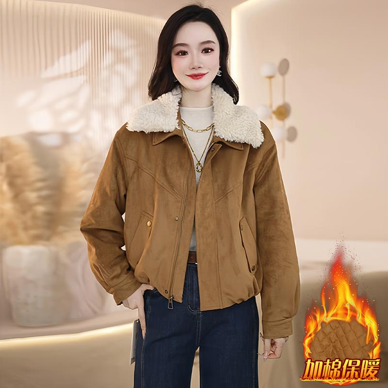 ROUMIKL短款毛领服女款2025新款宽松冬季加绒衣加厚保暖开衫拉链