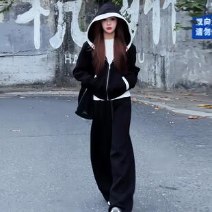 ROUMIKL今年流行的冬装套装女2025新款撞色连帽卫衣宽松显瘦阔腿