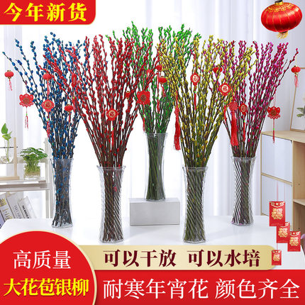 银柳真花鲜枝年宵花卉水培植物福字抱抱桶红色干花室内装饰