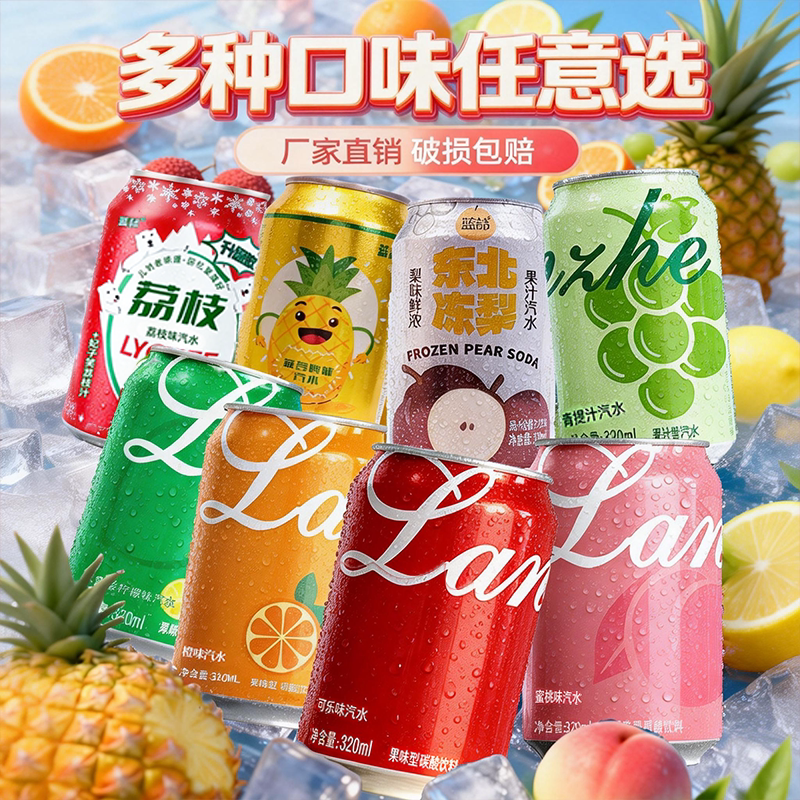 果味汽水气泡水东北冻梨荔枝味汽水柠檬水蜜桃汁果汁饮料饮品风味