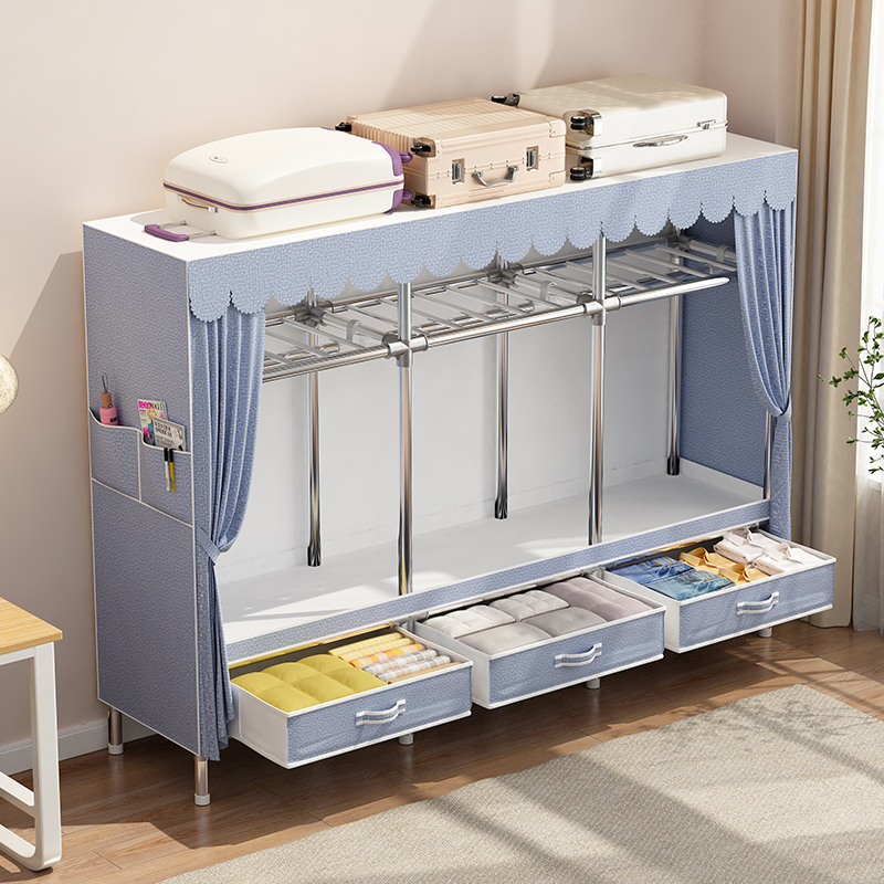 简易衣柜家用卧室出租房用加厚粗全钢架组装25年新款带抽屉收纳柜